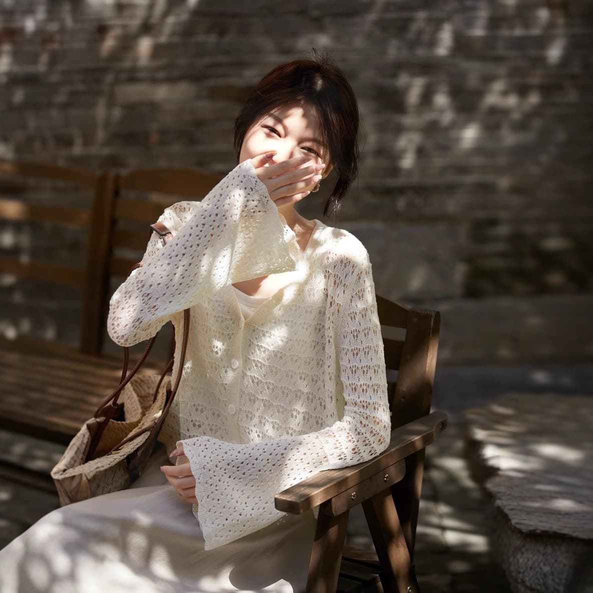 Knitted sweater, long-sleeve, sun protection clothing for leisure, french style, V-neckline 1
