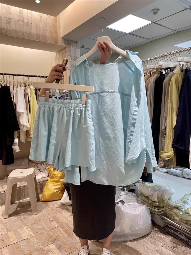 Universal summer shirt, fashionable short set, Korean style, sun protection, high waist, loose fit 4