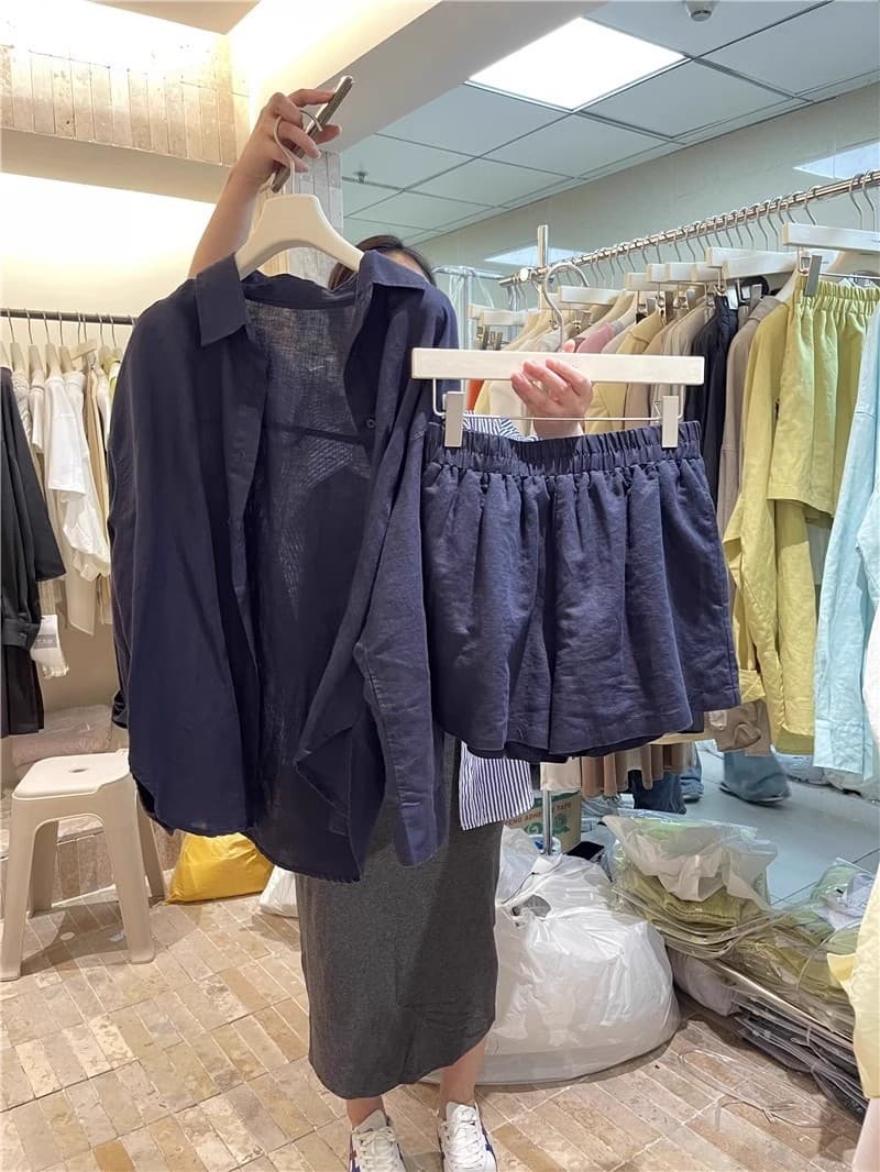 Universal summer shirt, fashionable short set, Korean style, sun protection, high waist, loose fit 5