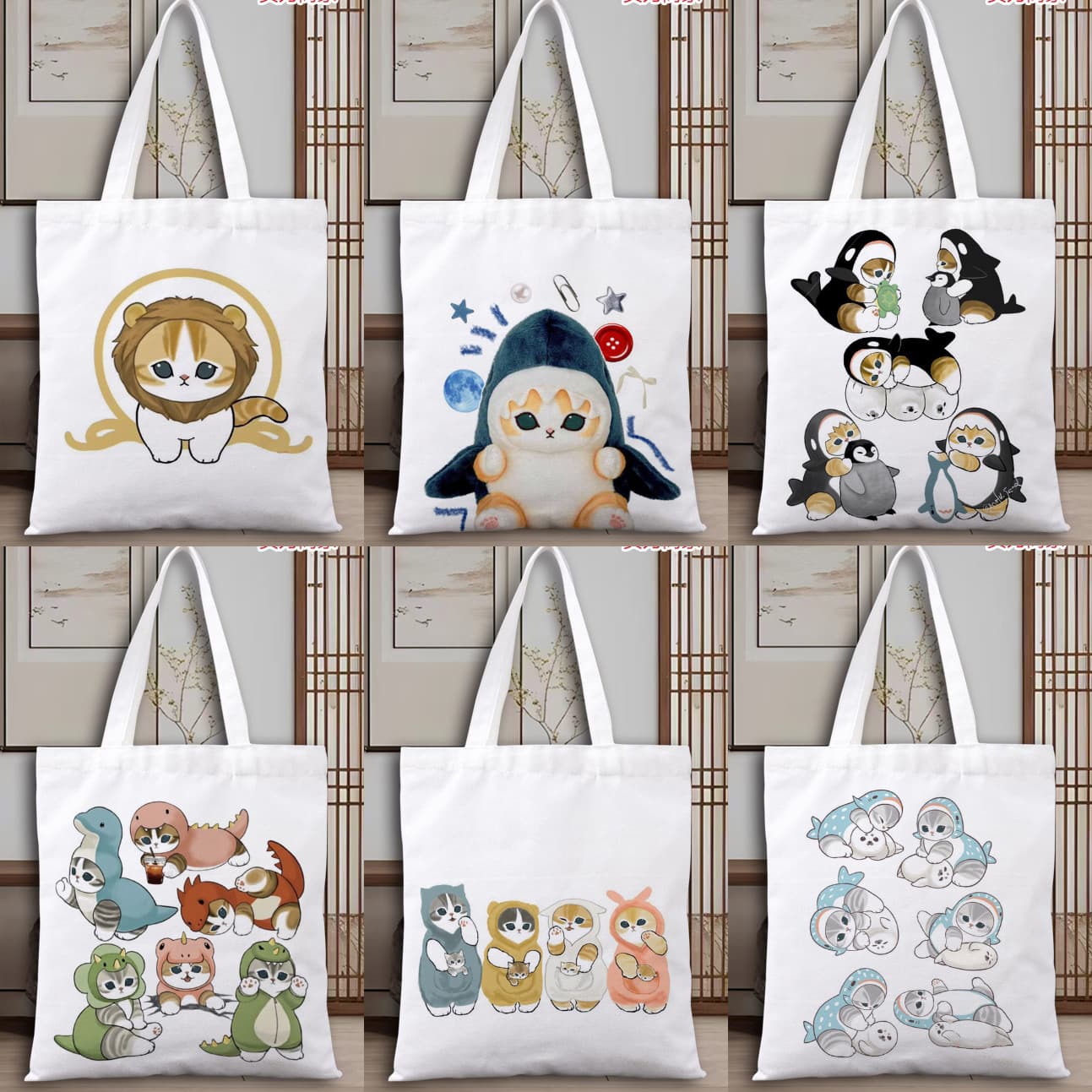 Cartoon hairpins, shark, shopping bag, Japanese handheld cloth bag, study bag for folders for students, cat 1
