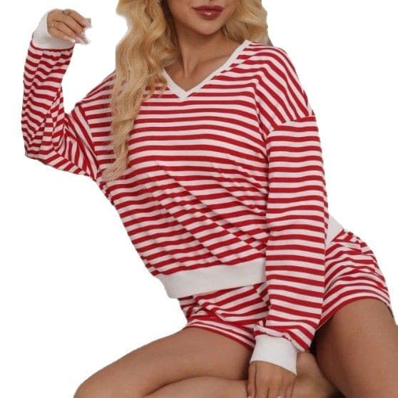 Summer set, long-sleeve, sports shorts, Amazon, V-neckline, oversize, 2 pieces 5