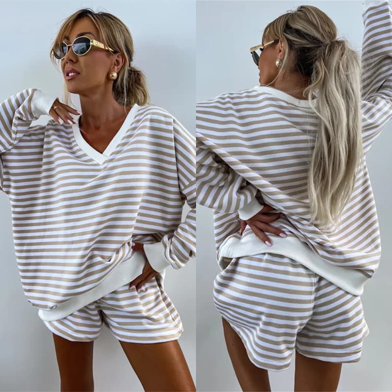 Summer set, long-sleeve, sports shorts, Amazon, V-neckline, oversize, 2 pieces