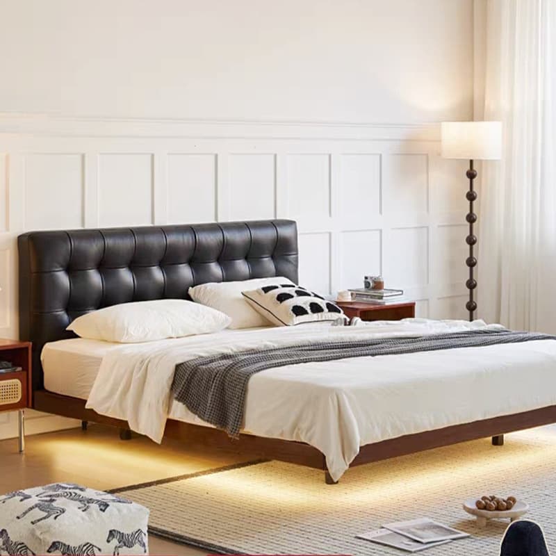 Solid wood waffle leather bed full-edge double bed 1.8 meters black leather art master bedroom small apartment induction suspended bed 1