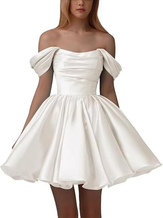 2025 Women's Off-shoulder Satin Homecoming Dress New Short Pleated Strapless Dancing Dress Wedding Dress 3