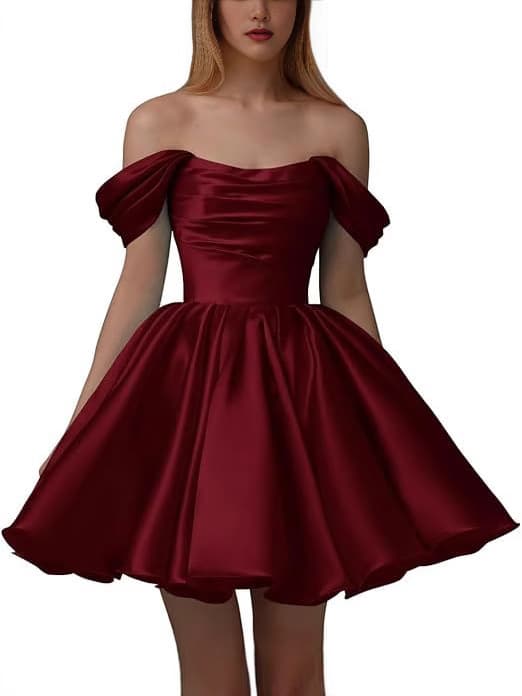 2025 Women's Off-shoulder Satin Homecoming Dress New Short Pleated Strapless Dancing Dress Wedding Dress 4