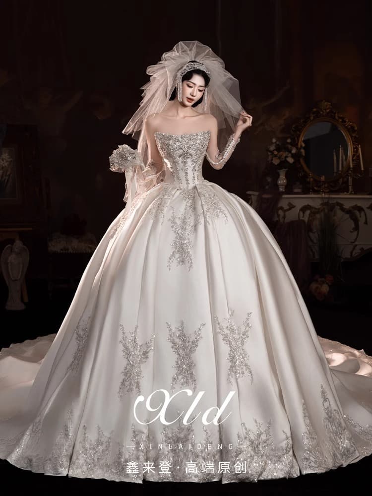 "Twilight Mirror" wedding dress 2025 new high-end satin strapless main yarn large tail small bride summer 2