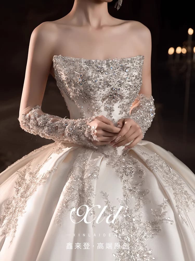 "Twilight Mirror" wedding dress 2025 new high-end satin strapless main yarn large tail small bride summer 3
