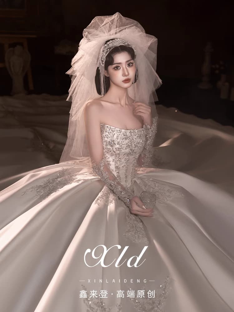 "Twilight Mirror" wedding dress 2025 new high-end satin strapless main yarn large tail small bride summer 4