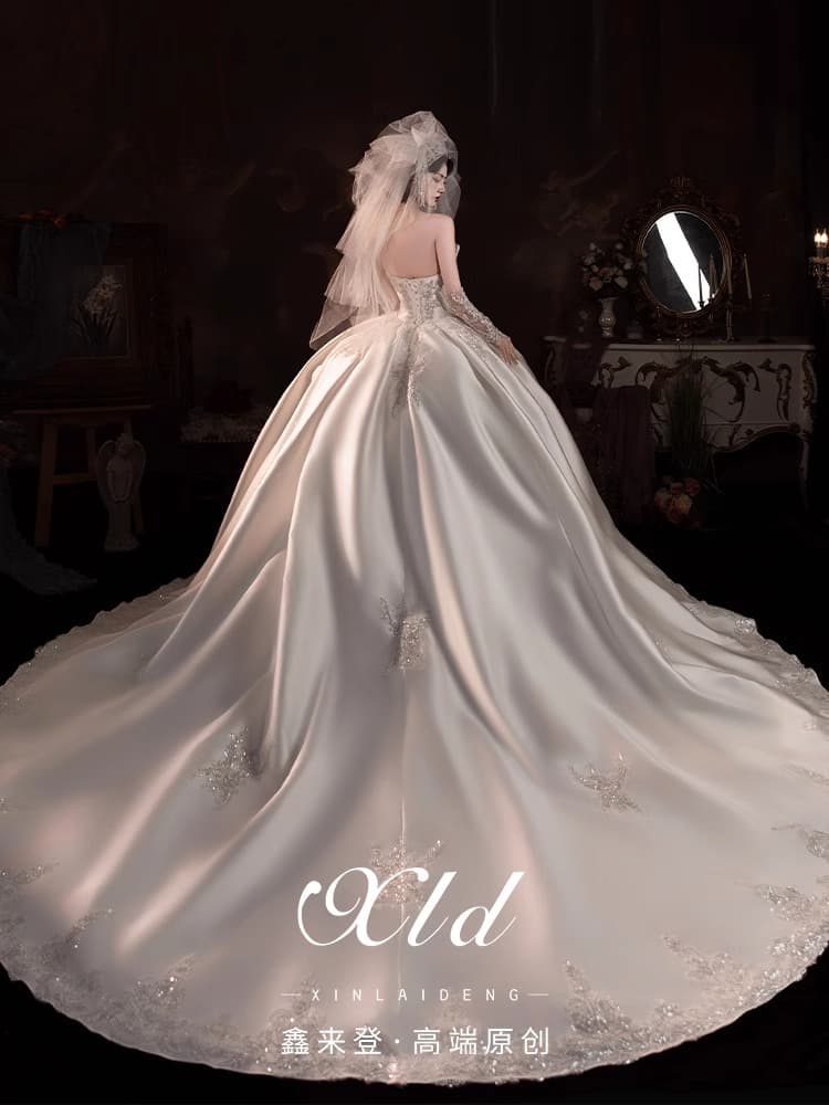 "Twilight Mirror" wedding dress 2025 new high-end satin strapless main yarn large tail small bride summer 5