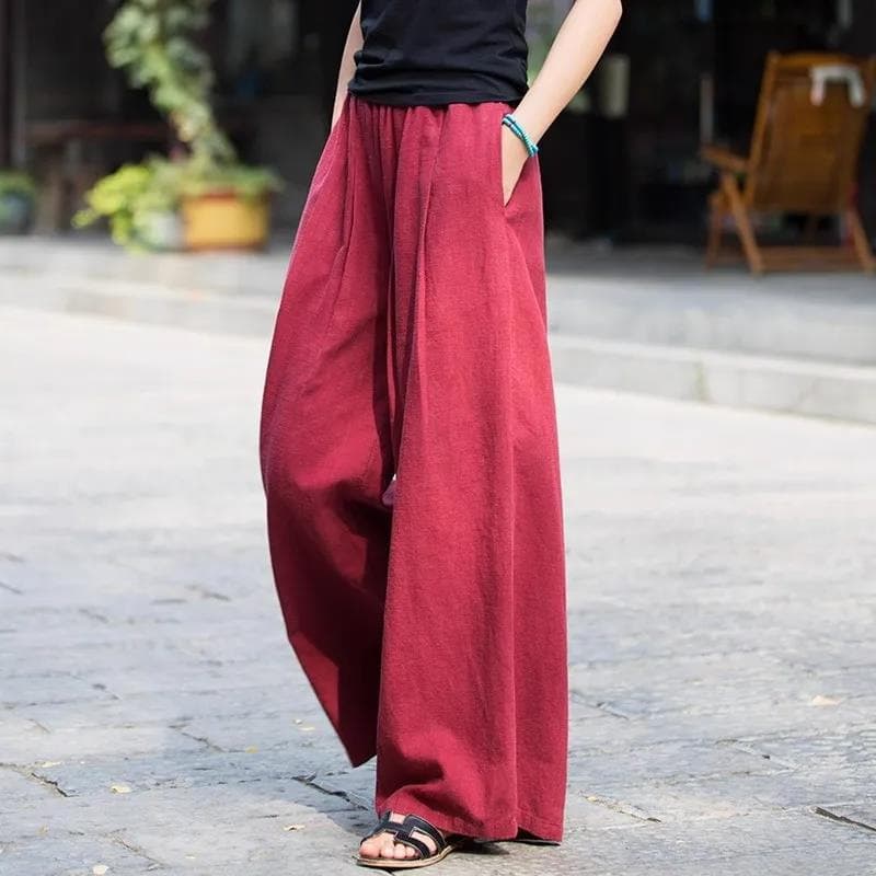 Summer solid trousers for leisure, cotton and linen, high waist, loose straight fit