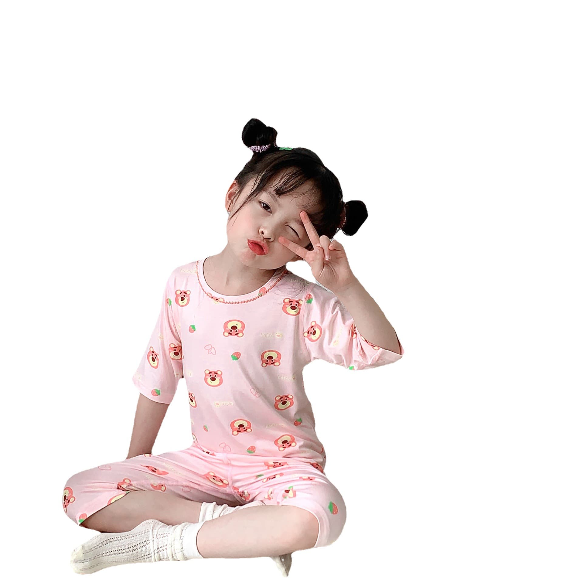 Children's summer thin pijama, sleeves, set, uniform for men and women, for teenagers 5