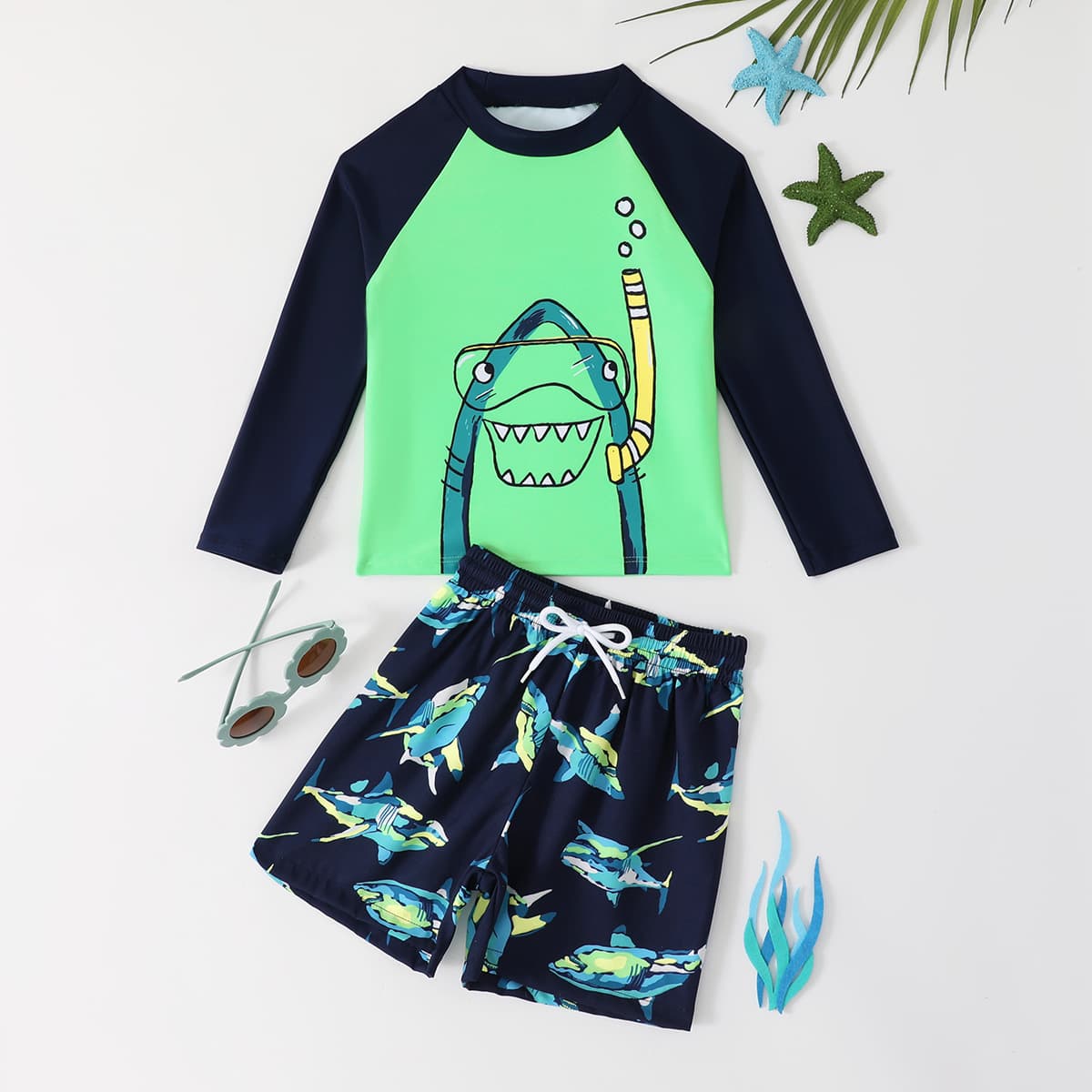 Swimwear for boys, children's set, beach trousers, shorts, cartoon long-sleeve, shark 2