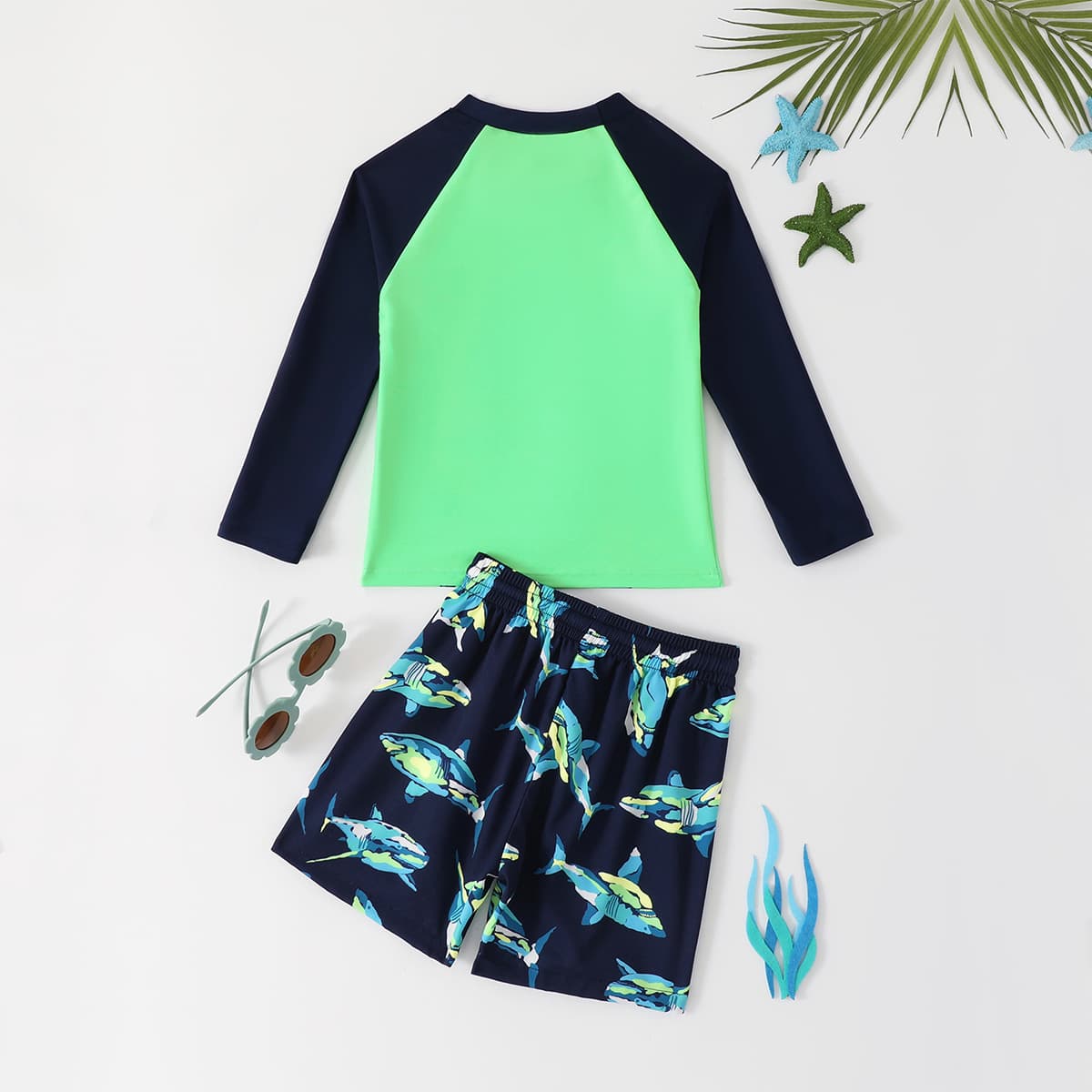 Swimwear for boys, children's set, beach trousers, shorts, cartoon long-sleeve, shark 3