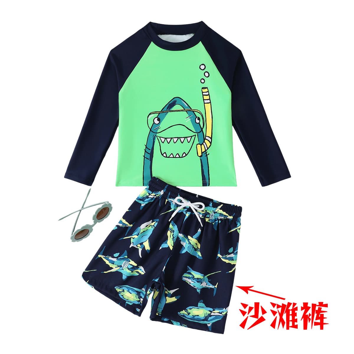 Swimwear for boys, children's set, beach trousers, shorts, cartoon long-sleeve, shark 4