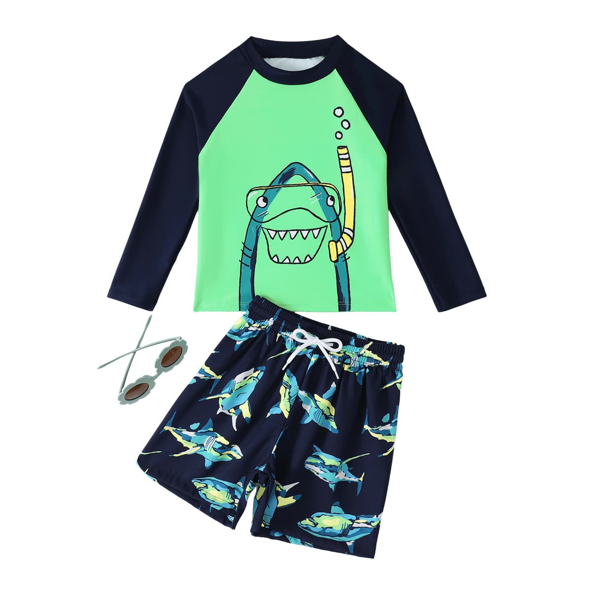 Swimwear for boys, children's set, beach trousers, shorts, cartoon long-sleeve, shark 5