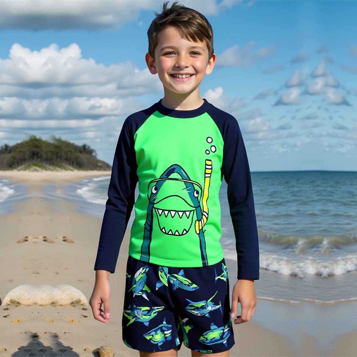 Swimwear for boys, children's set, beach trousers, shorts, cartoon long-sleeve, shark 1