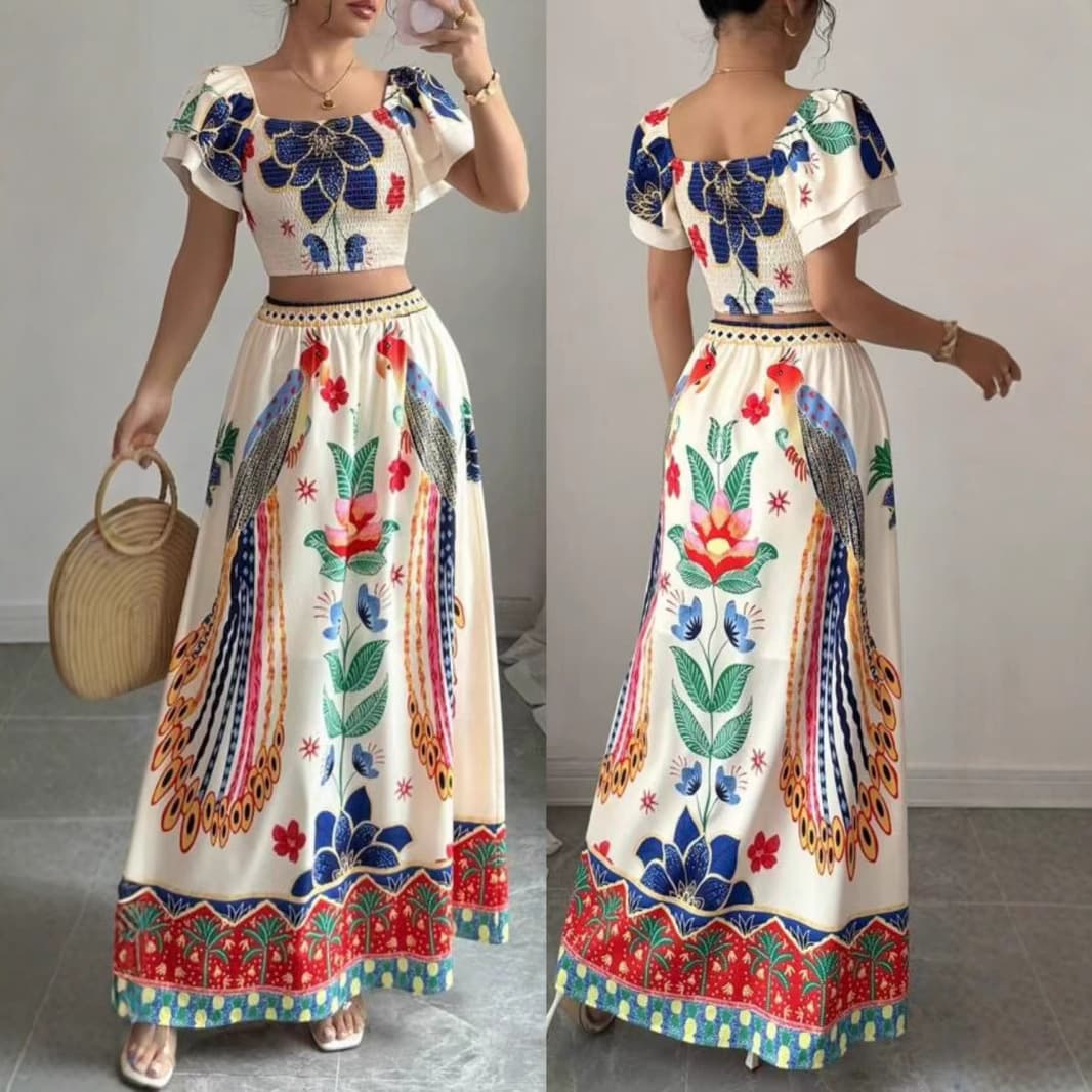 (Cross-border trading), T-shirt, long skirt, set, European style, city style, boho style, with short sleeve