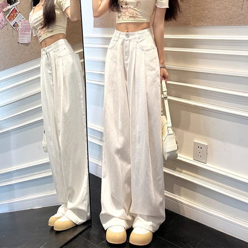 White loose straight jeans, design summer trousers, plus size, high waist, loose fit 2