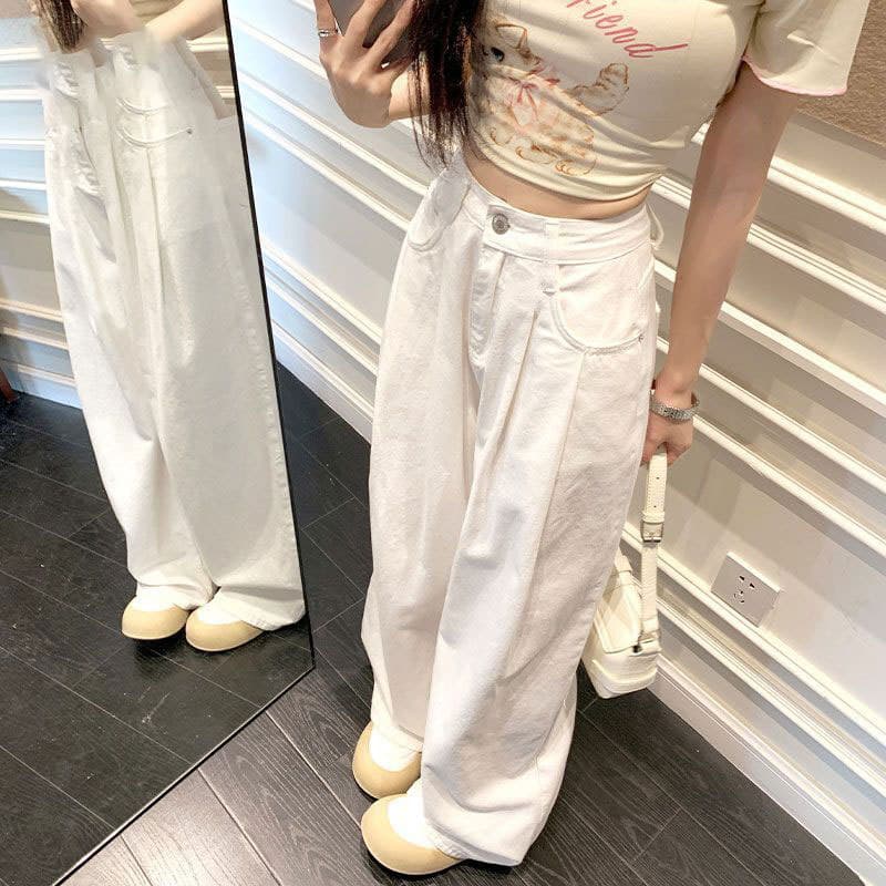White loose straight jeans, design summer trousers, plus size, high waist, loose fit