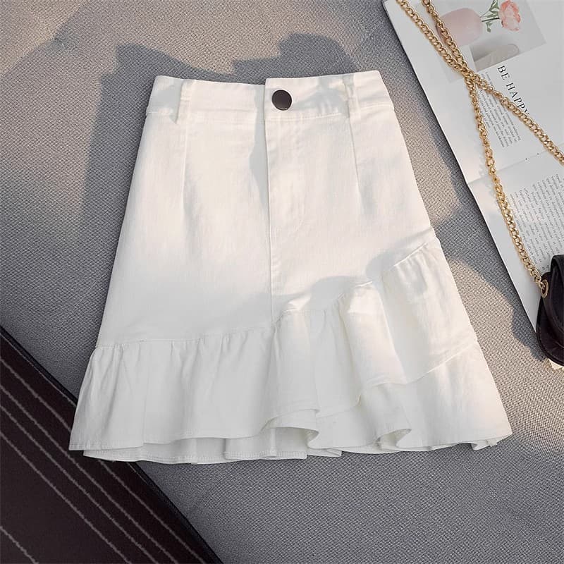 Summer white denim skirt, mini-skirt, protective underware, A-line, high waist 2