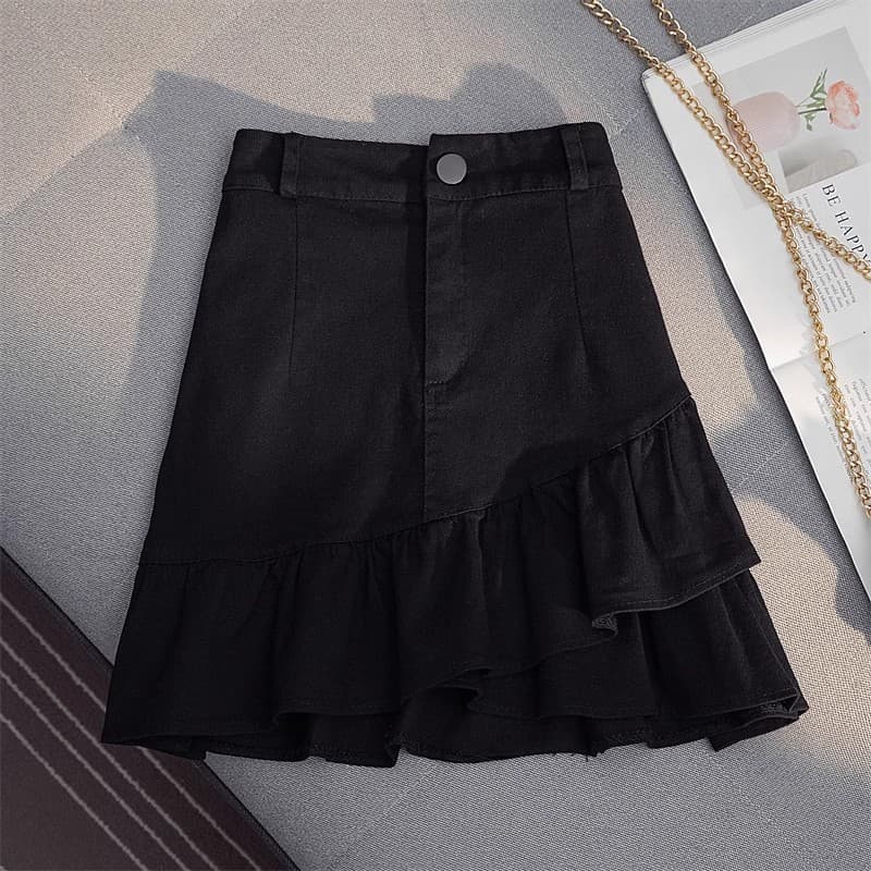 Summer white denim skirt, mini-skirt, protective underware, A-line, high waist 3