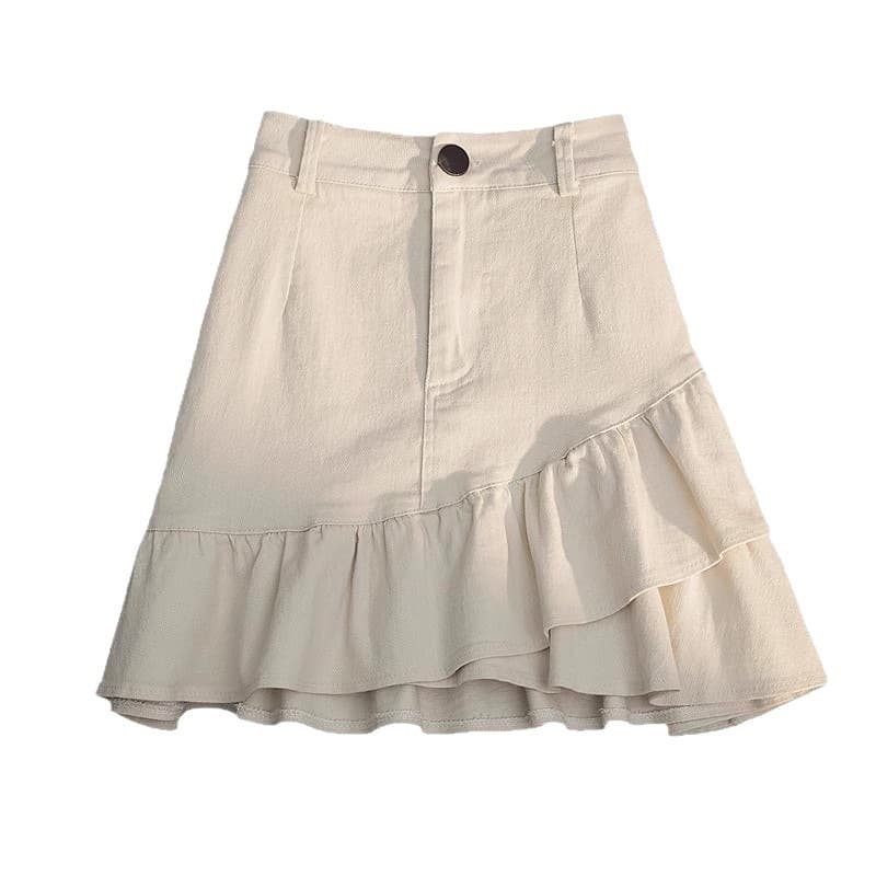 Summer white denim skirt, mini-skirt, protective underware, A-line, high waist 5