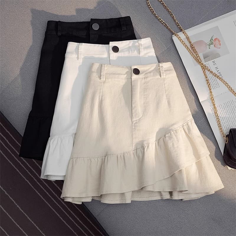 Summer white denim skirt, mini-skirt, protective underware, A-line, high waist 1