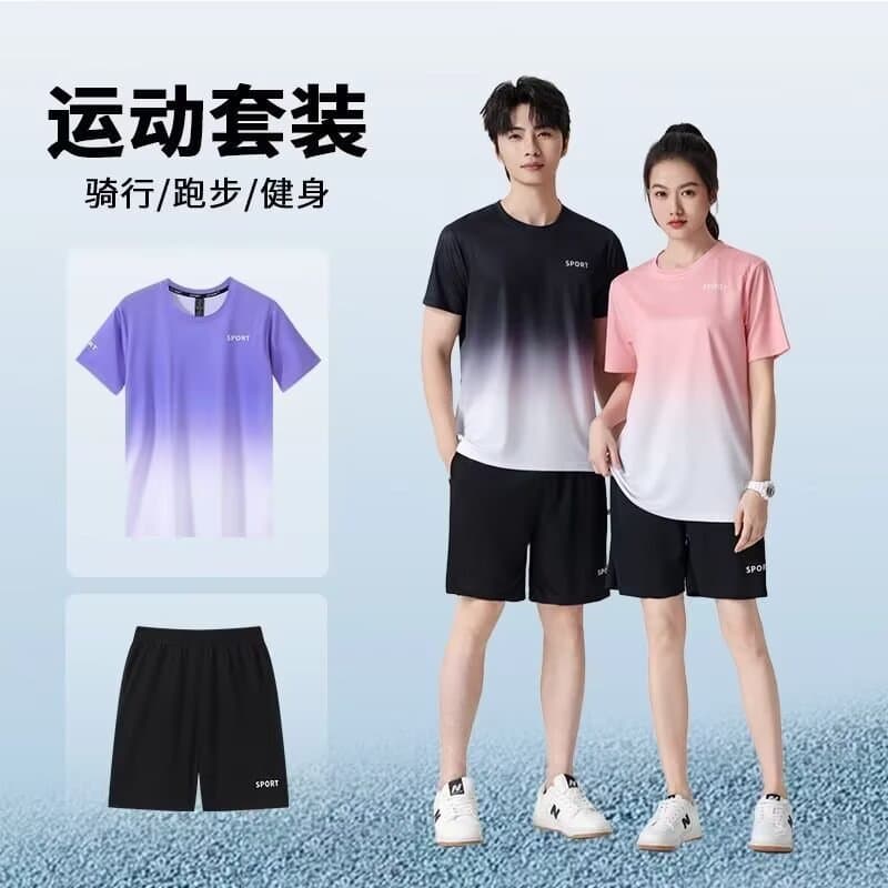 Sports suit, summer set, quick dry short sleeve T-shirt for gym for leisure, gradient, for running, oversize, plus size