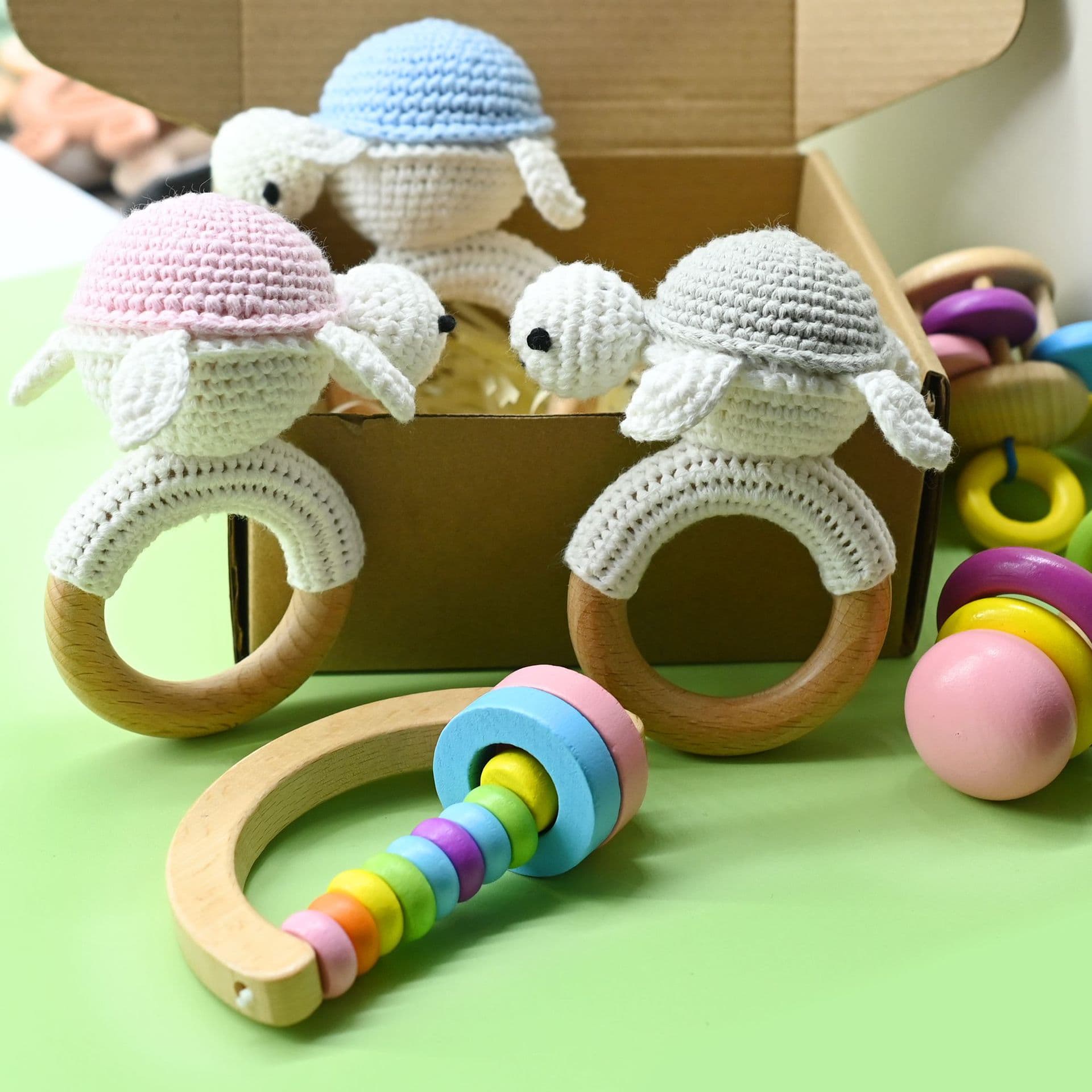 Children's wooden crochet, beanbag with animals, set, gift box, pacifier, Birthday gift 3