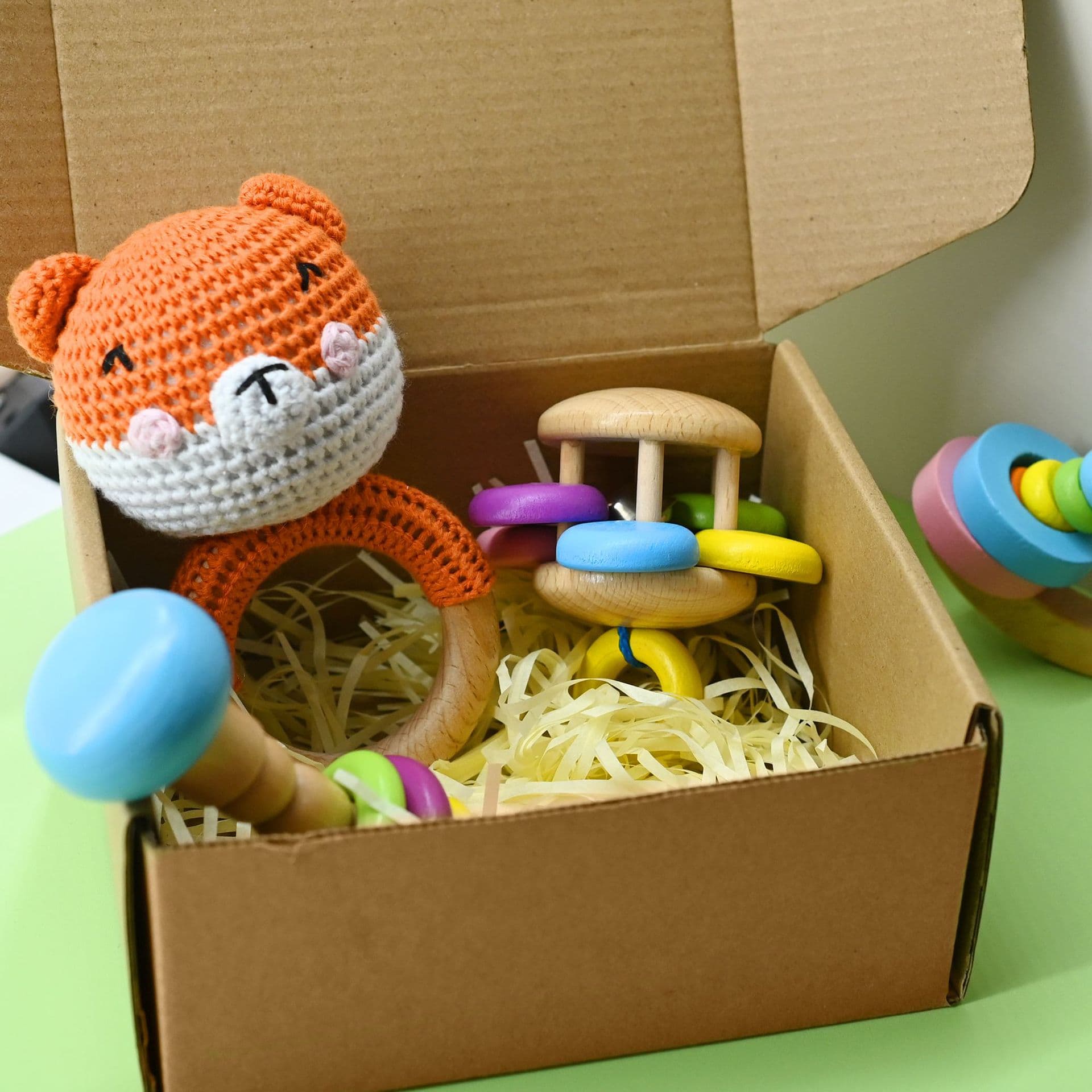 Children's wooden crochet, beanbag with animals, set, gift box, pacifier, Birthday gift 1