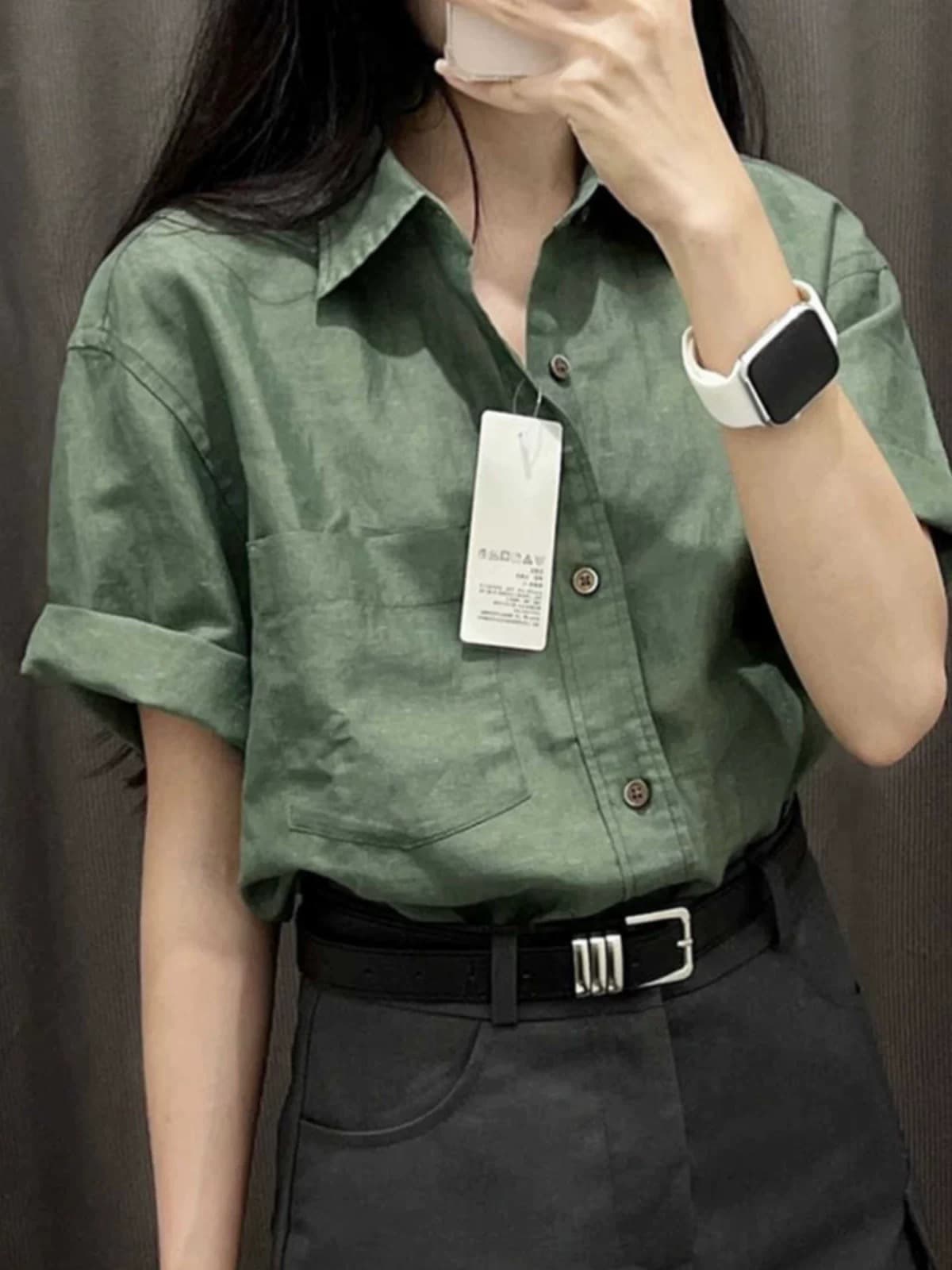 Green summer thin shirt, cotton and linen, high-end, polo collar 2