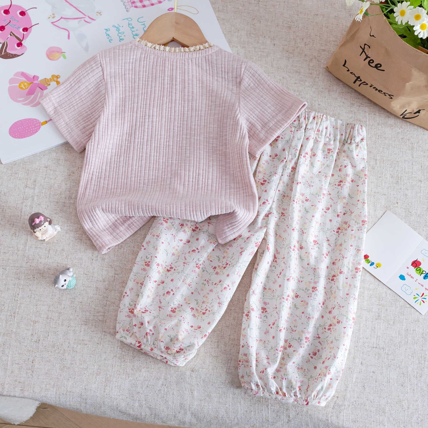 Summer set, children's cute T-shirt girl's, trousers, Korean style, floral print 2