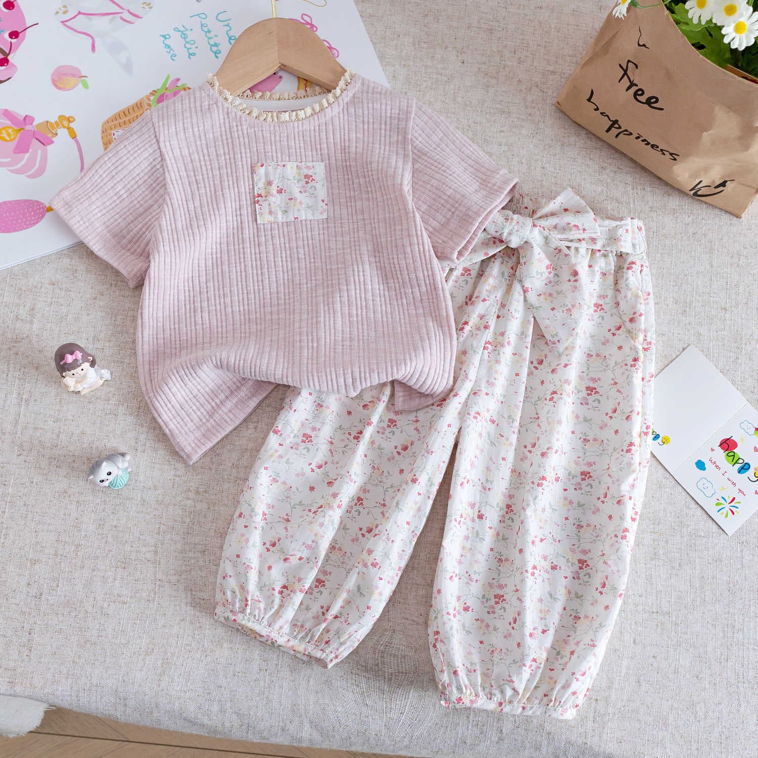 Summer set, children's cute T-shirt girl's, trousers, Korean style, floral print