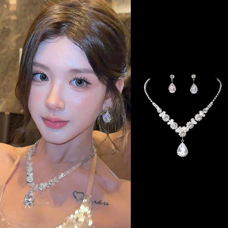 Necklace and earrings for bride, set, wedding dress, accessory, simple and elegant design, light luxury style, Birthday gift 2
