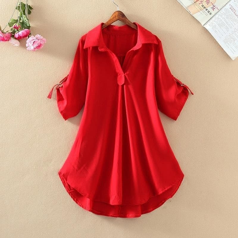 Long summer shirt, fitted shiffon brace, mid-length, with short sleeve, plus size 2