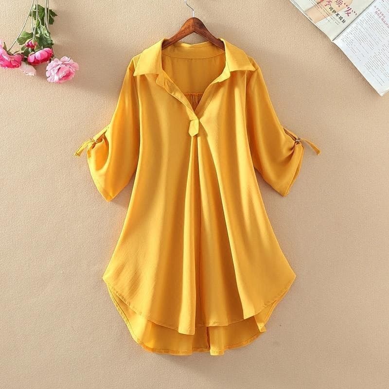 Long summer shirt, fitted shiffon brace, mid-length, with short sleeve, plus size 3