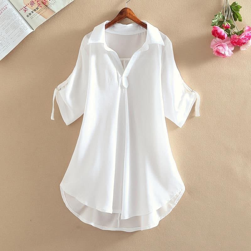 Long summer shirt, fitted shiffon brace, mid-length, with short sleeve, plus size 4