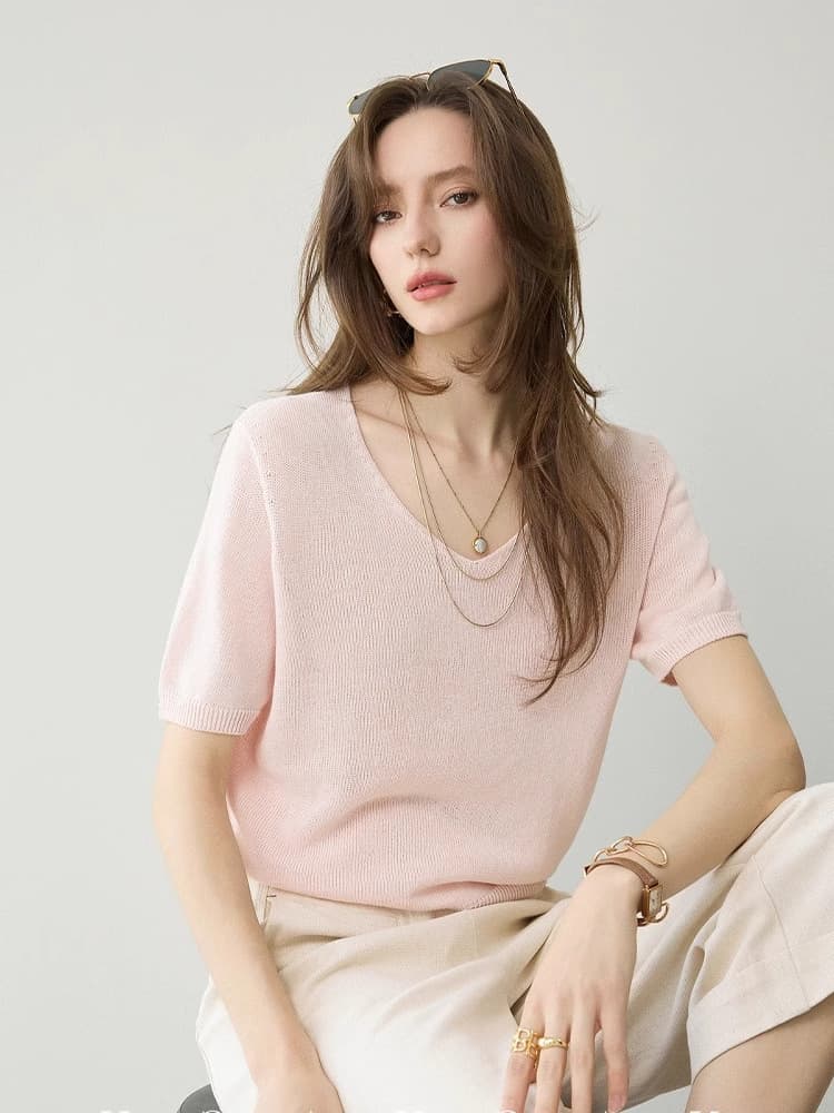 Summer fashionable knitted sweater, solid T-shirt, V-neckline, Korean style 2