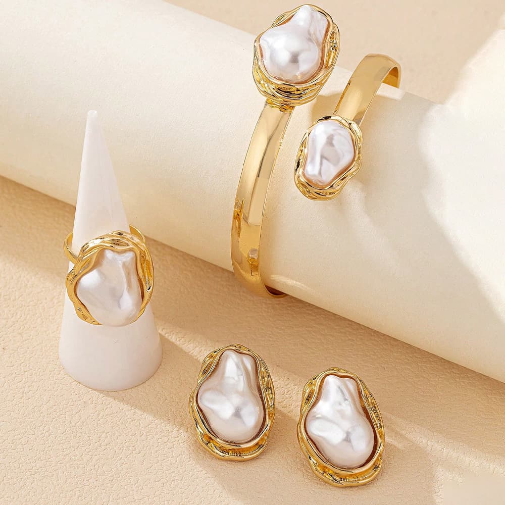 (Cross-border trading), retro ring pearl, fashionable design earrings, set, European style, 3 piece set 2
