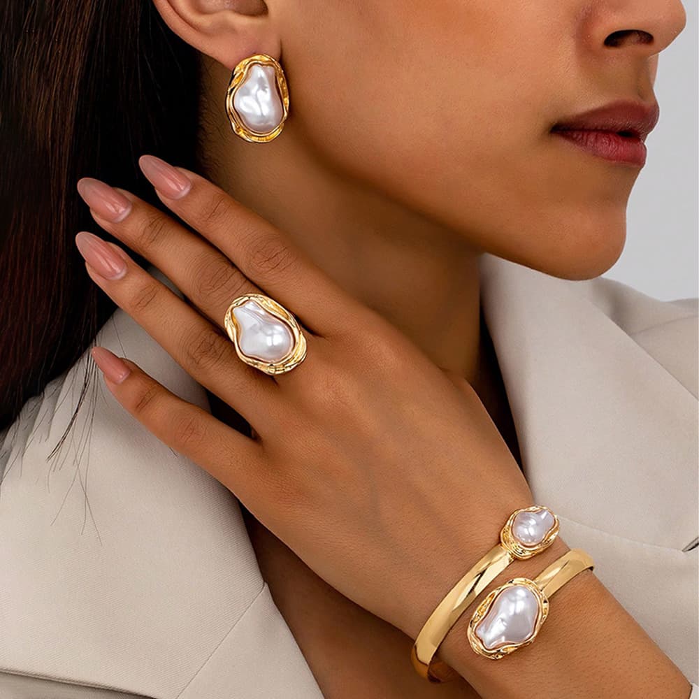 (Cross-border trading), retro ring pearl, fashionable design earrings, set, European style, 3 piece set