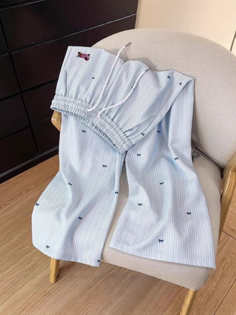 Blue summer trousers, with embroidery, high waist, loose straight fit 2