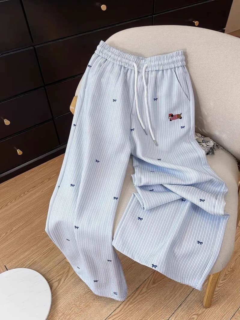 Blue summer trousers, with embroidery, high waist, loose straight fit 4