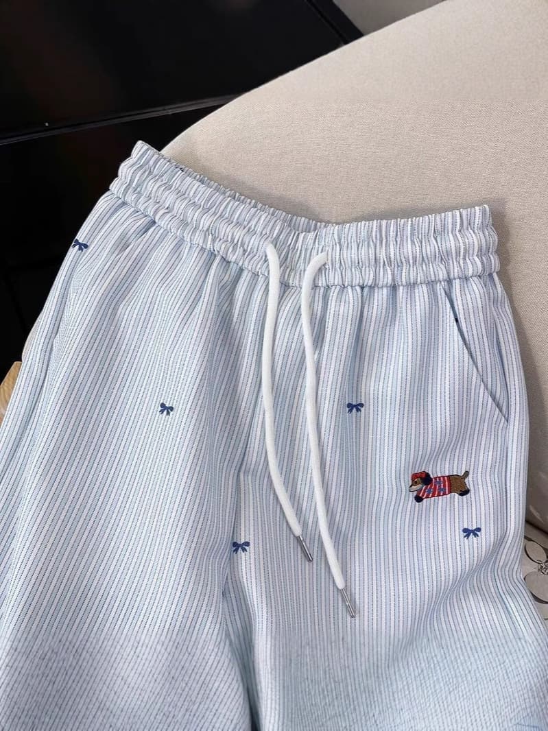 Blue summer trousers, with embroidery, high waist, loose straight fit 5