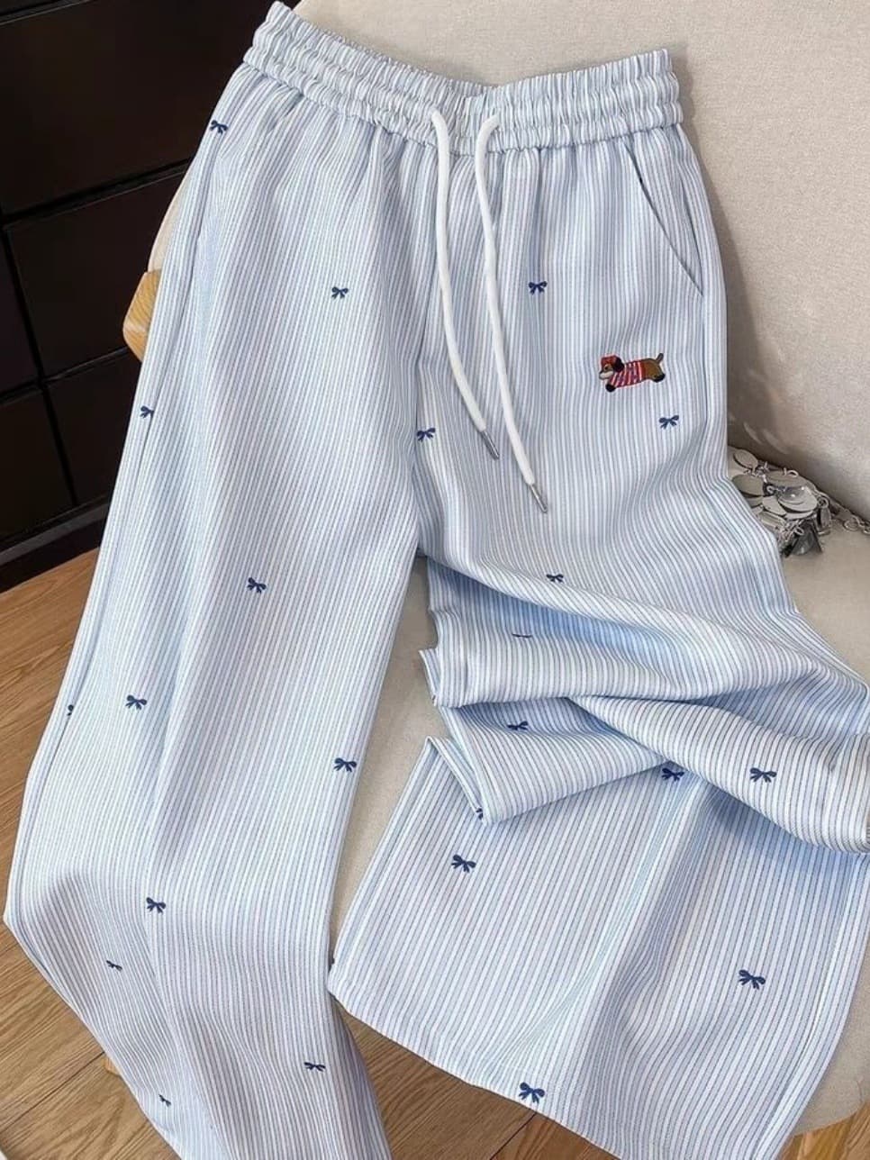 Blue summer trousers, with embroidery, high waist, loose straight fit 1