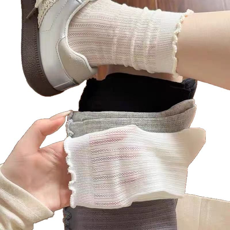 Summer thin socks for women solid color hollow mesh socks white deodorant breathable girls lace pile socks 5