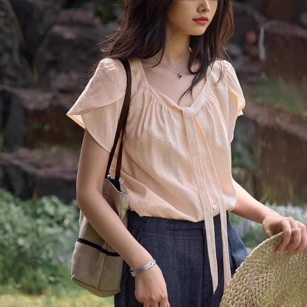 Solighte French lyceler streamer petal sleeve shirt women's short-sleeved summer 1