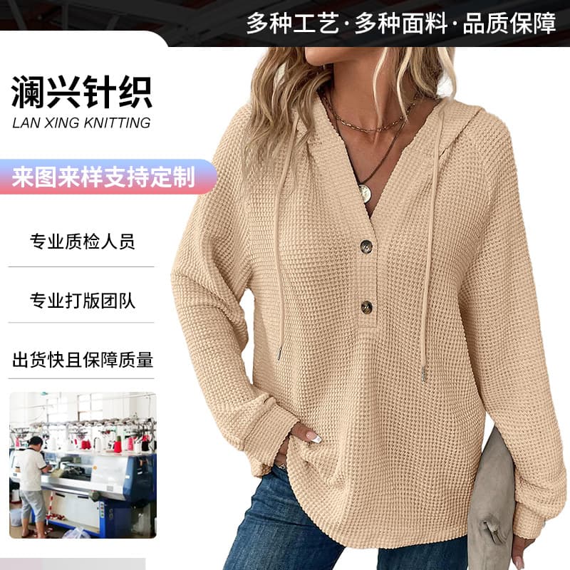 (Cross-border trading), long-sleeve, knitted sweater, knitted dress, hoody, custom-made, V-neckline, drawstring 1