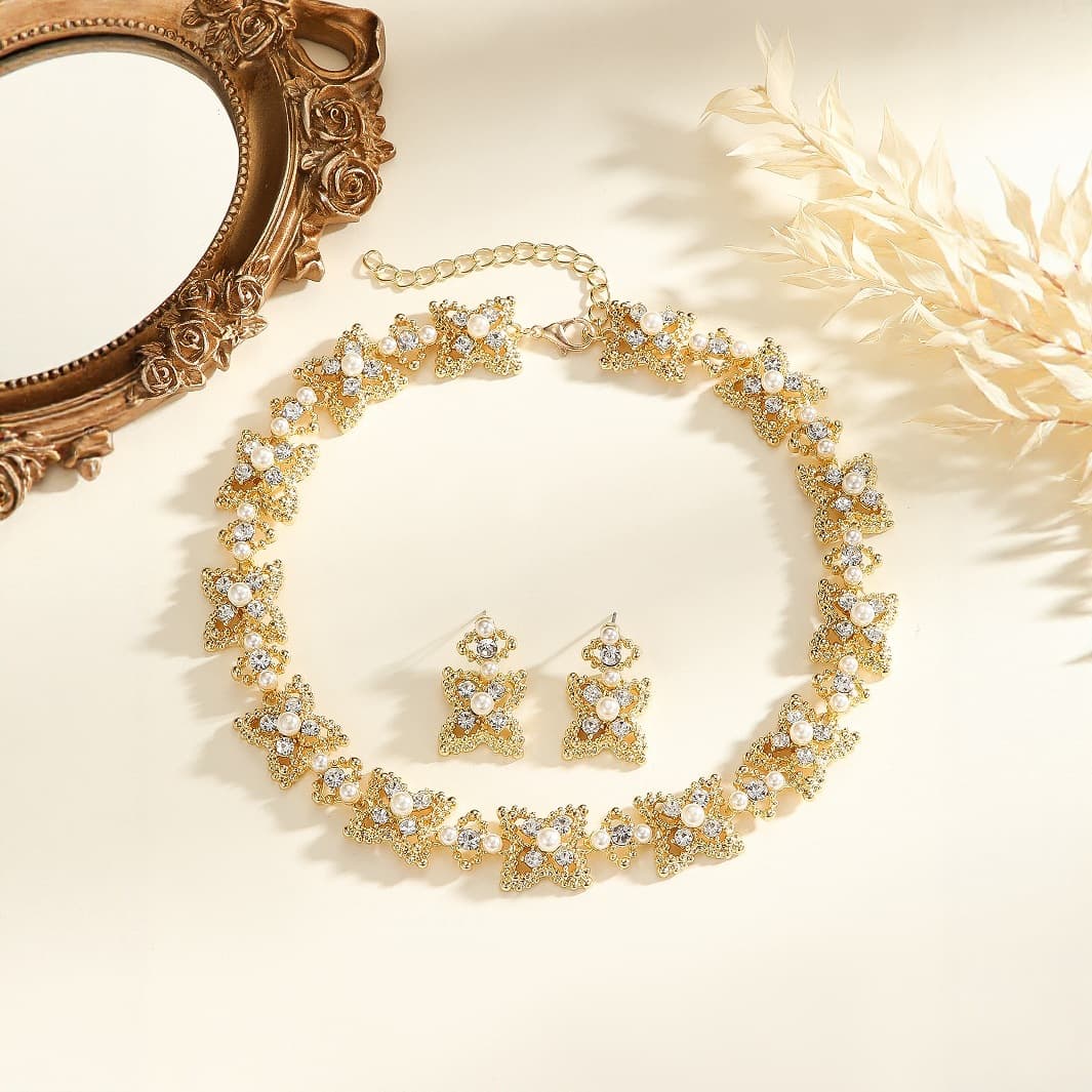(Cross-border trading), necklace pearl for bride, fashionable set, earrings, European style, 2 piece set, diamond encrusted, light luxury style 2