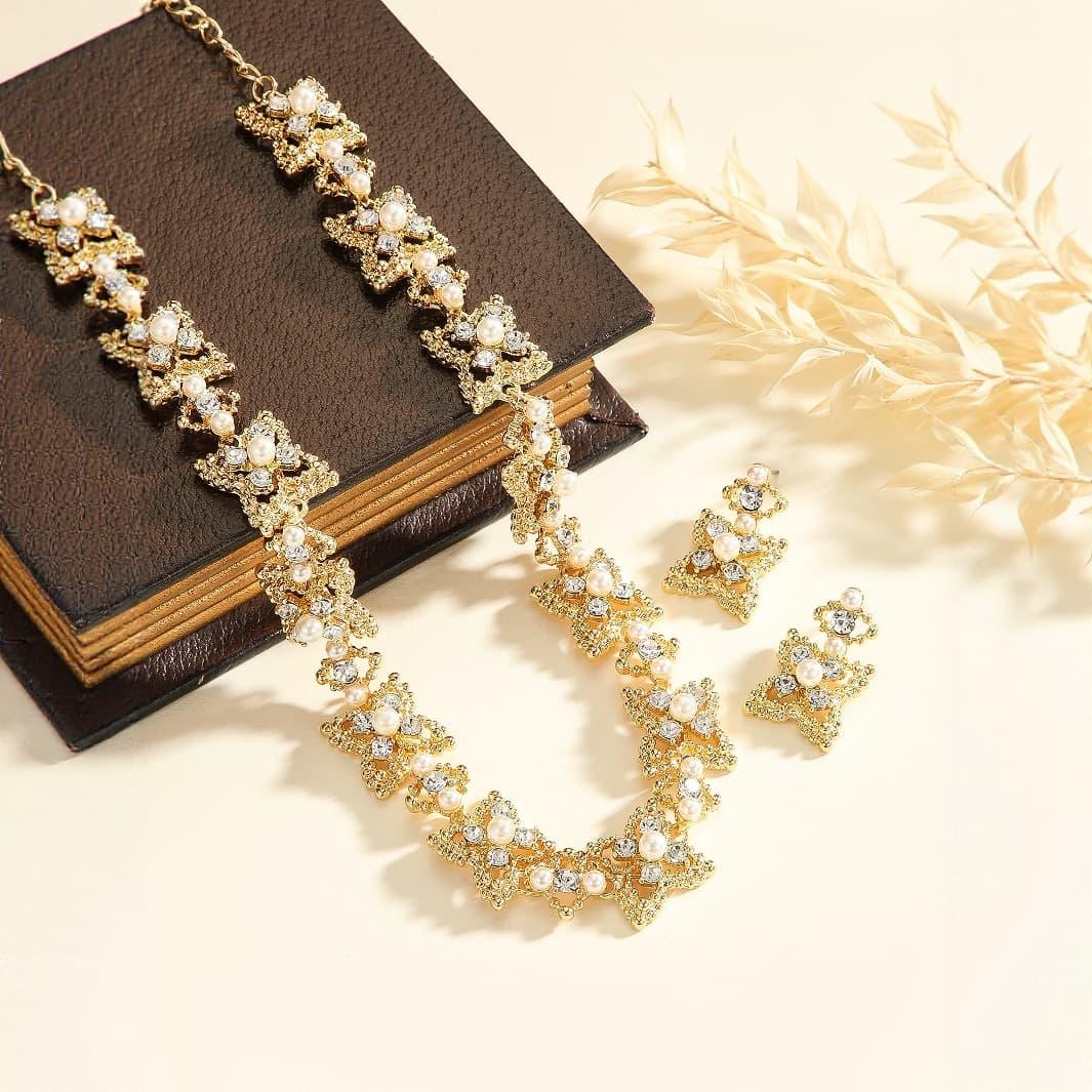 (Cross-border trading), necklace pearl for bride, fashionable set, earrings, European style, 2 piece set, diamond encrusted, light luxury style 4