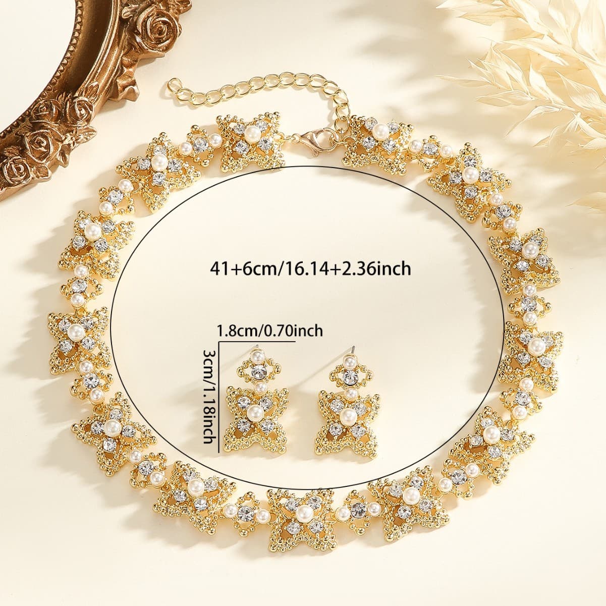 (Cross-border trading), necklace pearl for bride, fashionable set, earrings, European style, 2 piece set, diamond encrusted, light luxury style 5